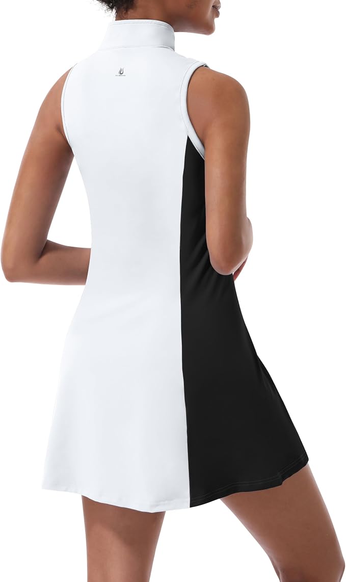 Womens Tennis Dress, Golf Dress with Shorts & Pockets Athletic Dress | Sleeveless Collared Half-Zipper Workout Sport Dress, Stretch Moisture Wicking Fabric, Tennis Golf Outfits