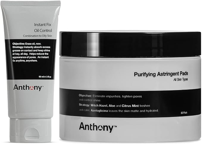 Anthony Purifying Astringent Toner Pads, 60 Count, and Anthony Instant Fix Oil Control, 3 Fl Oz