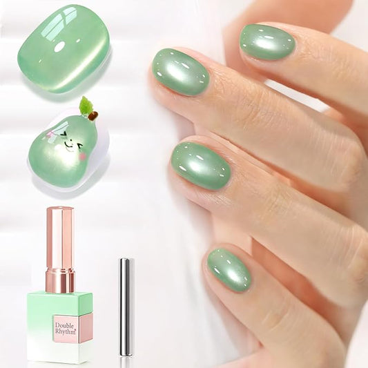 Double Rhythm 15ML Jelly Glass Cat Eye Gel Polish with Magnet Holographic Glitter Shimmer Translucent Sheer Color Salon Soak Off Magnetic Nail at Home (Pale Green-MC1198)