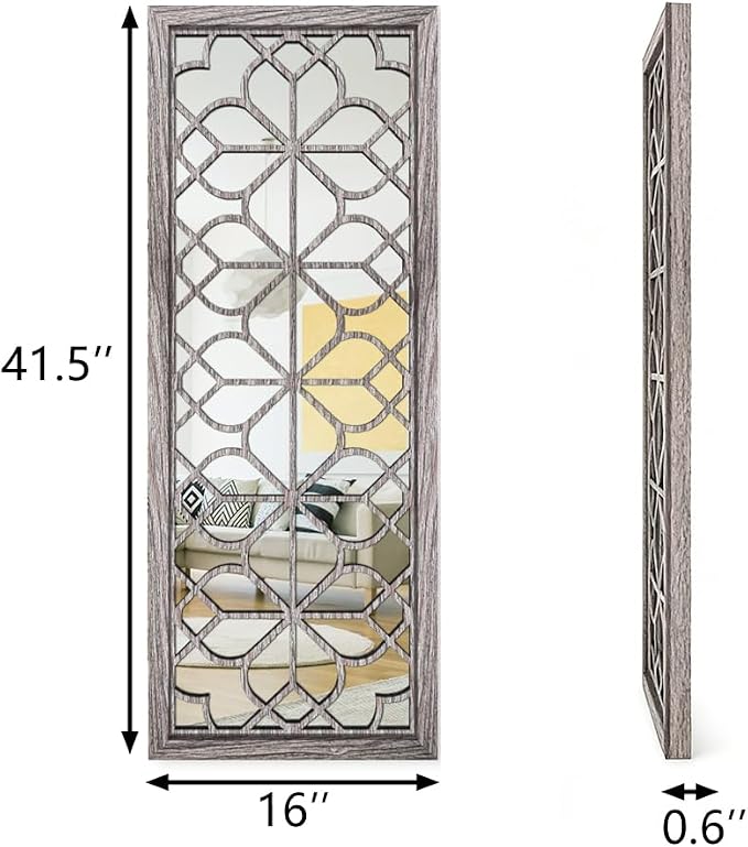 Set of 2 16x41.5 Inch Large Carved Floral Wood Frame Wall Mirrors, Shatterproof Boho Farmhouse Rustic Accent Mirrors for Living Room, Bedroom, Bathroom, Entryway & Home Wall Decor （Brown）