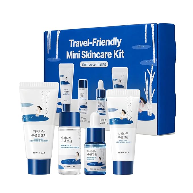 ROUND LAB Birch Juice Moisturizing Mini Kit, 4-Step Travel Size Skincare Set (Cleanser, Toner, Serum, Cream), Daily Skin Care Routine Trial Kit for Acne-Prone and Sensitive Skin, Korean Skin Care