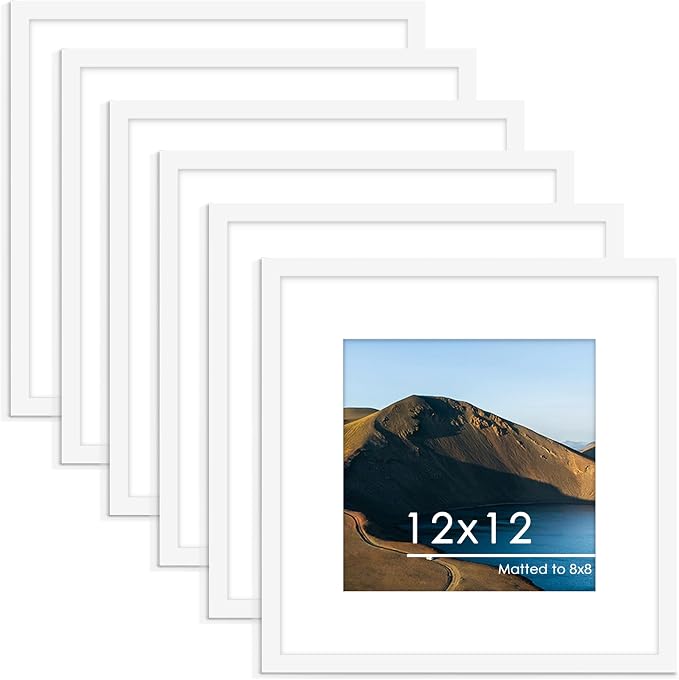 12x12 Picture Frame Set of 6, Wall Mount Display, White | Display Pictures 8x8 with Mat or 12x12 Without Mat, Horizontal or Vertical, Gallery Wall Frame Set, Wedding Birthday Gifts