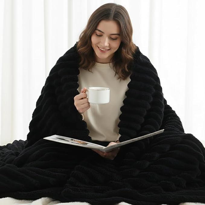 decorUhome Black Fleece Twin Blanket 60x80 Inches | Soft Couch Cozy Fluffy Plush Flannel Striped Blanket for Sofa Bed, Lightweight Decorative Ribbed Fuzzy Blanket for Woman