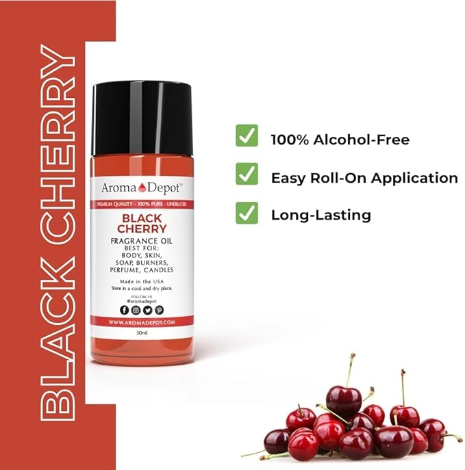 Aroma Depot Black Cherry Roll On Perfume Oil 10ml – Alcohol Free Fragrance Body Oil – Skin Safe, Phthalate Free, Travel Size 0.33 Fl Oz