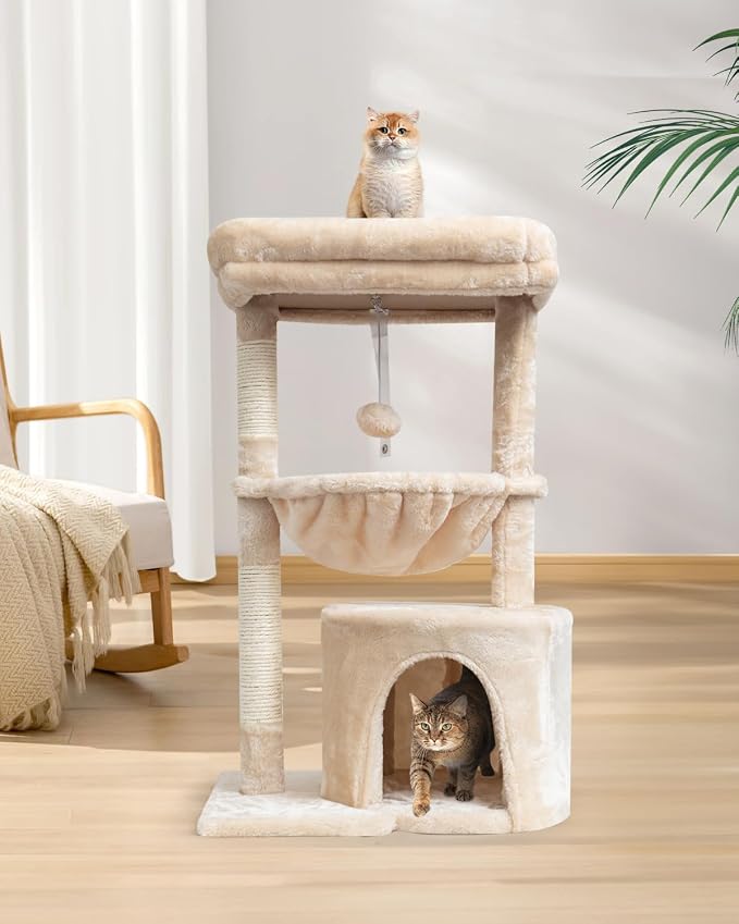 SYANDLVY Small Cat Tree for Indoor Cats, Kittens Condo with Scratching Post | Modern Activity Tower with Cradle & Hanging Ball for Play Rest, Beige