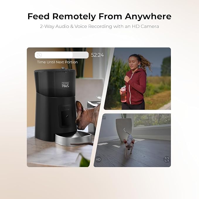 Smart HD Pet Feeder, 6L, Black/Stainless Steel | 1080p Camera, 2-Way Audio, Voice Recording, Night Vision, Scheduled Meals, Backup Power, Easy to Clean, Anti-Jam Design