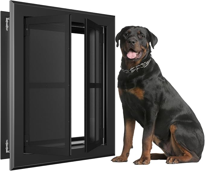 Extra Large Heavy Duty Aluminum Dog Door, Black for 200 LBS Dogs | French aluminum dog door with double magnetic flaps & telescoping tunnel, sturdy frame for dogs up to 200 LBS