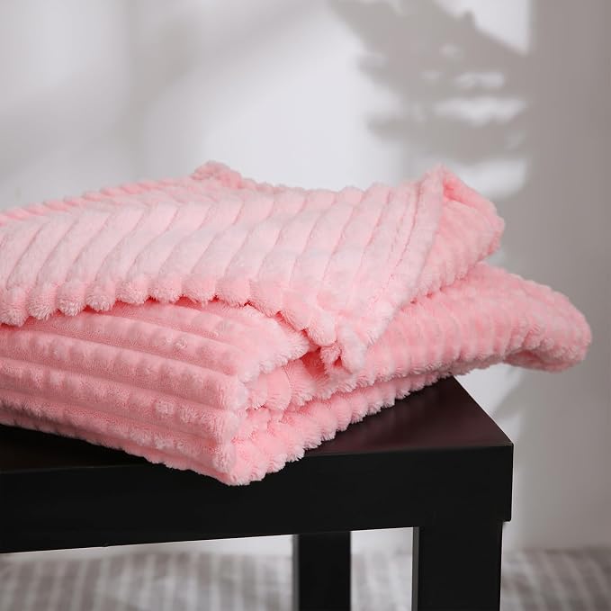 Puncuntex Fleece Throw Blanket Light Pink 50"×70" with Square Grid Design | Super Soft Plush Cozy Flannel Throw Blanket Luxury for Couch Sofa Chair