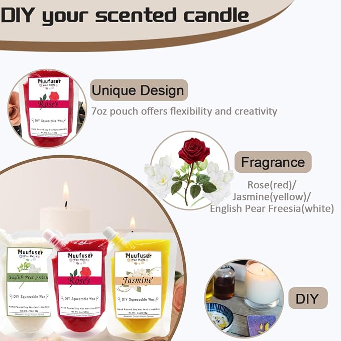 DIY Squeezable Soy Wax Candle,Handmade Eco-Friendly, Each 7 oz and 55 Hours Burn Time, 3 Luxurious Scents for Creative Home Decor & Gifts(English Pear & Freesia+Rose+Jasmine)