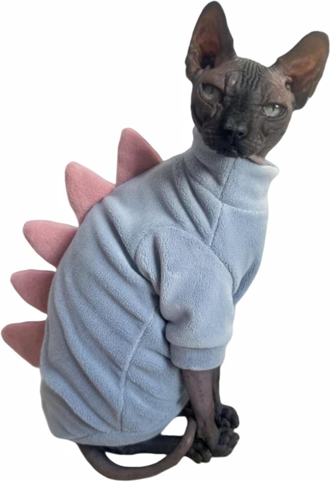 Sky Blue Dinosaur Sphynx Cat Clothes Sweater Hairless Cat Apparel | Soft, Elastic, Warm Polar Fleece,Winter Warm Outfit, Cute Dinosaur