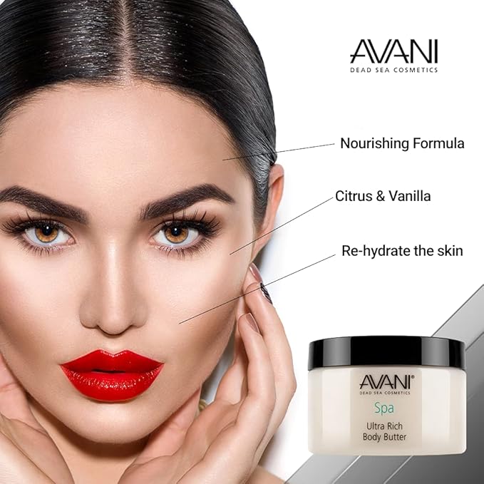 Avani Dead Sea Body Butter – Ultra-Rich Exfoliating & Hydrating Formula with Aloe Vera, Shea, Jojoba, Sunflower & Olive Oils – Suitable for All Skin Types – Vanilla