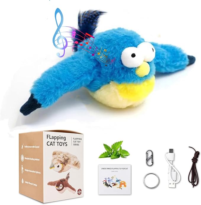 Interactive Chirping Bird Cat Toys with Flapping Wings,No Flying Birds Cats Toy, Flying Simulation Electric Sparrow Shaking Hunting Pet Toy for Indoor (Blue Ugly)