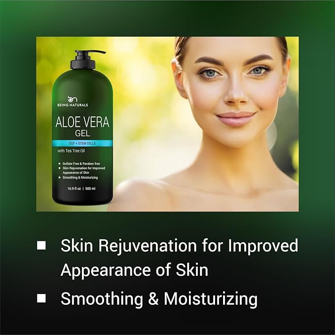 Being Naturals Aloe vera Gel - from 100% Pure Organic Aloe Infused with EGF, Stem Cell, Rosemary Oil - Natural Raw Moisturizer for Face, Body, Hair. Perfect for Sunburn, Acne, Razor Bumps 16.9 fl oz