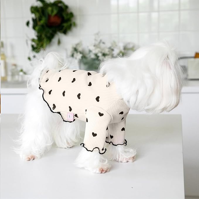 Pet Clothes for Small Dogs Cat Summer Fall Heart Print Shirt Stretchable Ruffle Long Sleeve Outfits for Chihuahua Schnauzer Shih Tzu Yorkie (Coffee, X-Small)