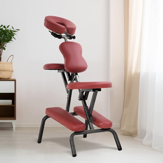 Portable Massage Chair for Tattoo and Spa Foldable Massage Therapy Chair with Adjustable Face Cradle High-Density Cushion Lightweight Design with Carrying Bag Ideal for Salon Use (Burgundy)