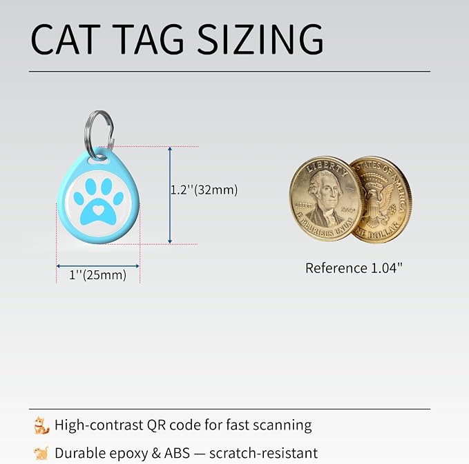 QR Code Cat ID Tag for Collar, Smart Pet ID with Online Profile, Instant Scan to Contact Owner & Location Email Alert, Silent Anti-Lost Cat Tag, No App or Subscription, Blue 1”
