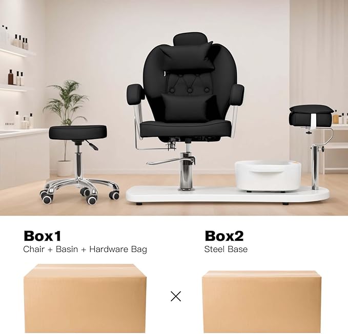 Pedicure Chair No Plumbing with Stool & Foot Bath, 360°Swivel Hydraulic Reclining Pedicure Station with Footrest & Ergonomic Headrest for Nail Tech, Spa, Salon (Black)