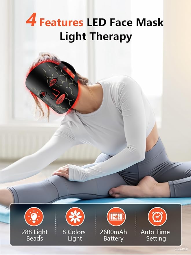 Red Light Therapy Mask for Face, 8 Modes LED Face Mask Light Therapy with 288 LEDs, 630nm & 850nm Infrared Light Therapy Mask at Home, Portable with Timer & 2600mAh Remote Control.