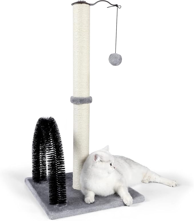 ANWA 32" Tall Cat Scratching Post with Arch Groomer, Natural Sisal, Gray | Natural Sisal Post for Indoor Cats Adults, Stable Cat Post with Plush Toys, Self-grooming Brush, Cat Furniture, Small Space