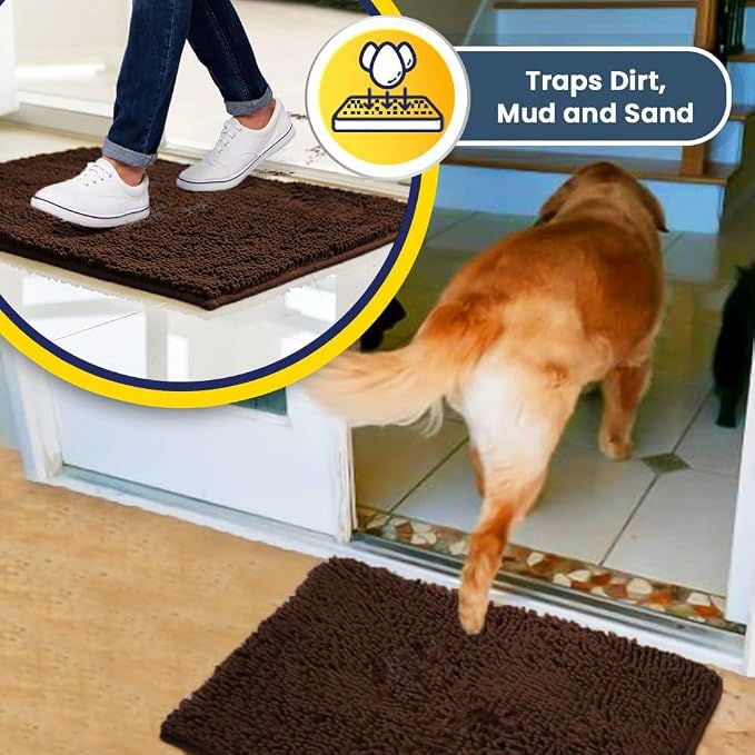 Muddy Mat® | Super Water Absorbent Door Mat Indoor, Microfiber Quick Dry Chenille Entryway Rug, Slip Resistant Front Door Mat, Indoor Mats for Entryway, Machine Washable Pet Rug, Chocolate 20" x 48"