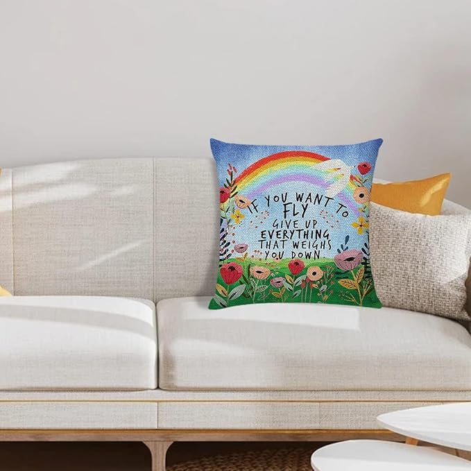 Littlefa Inspiring Gifts Cute Colour Flower Rainbow Throw Pillow Cover Flower Cushion Cover Decorative Pillowcase Living Room Bedroom Decor for Girls Friends Daughter Niece Women - If You Want to Fly