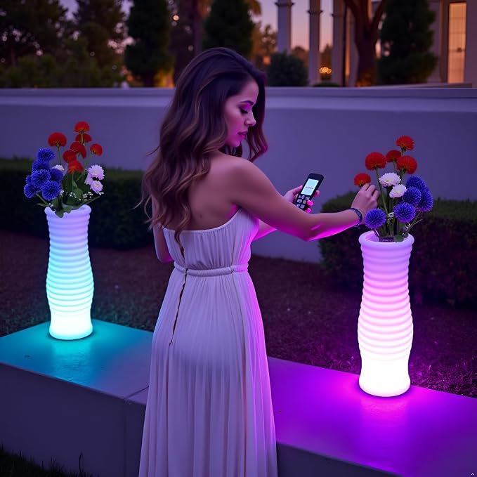 Rechargeable LED Vase Night Light with Remote & 16 Colors ﻿ | 20-in Dimmable LED Mood Lighted Vase for Living, IP65 Waterproof & Sturdy Flower Pot Floor Lamp for Yard Wedding Party Decor