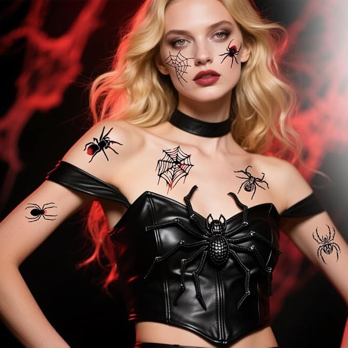 30 Sheets Halloween Temporary Tattoos Red Spider Tattoos Spider Web Styles Mixed Halloween Fake Tattoos Realistic Black Stickers Waterproof Cobweb Tattoo for Kids Boys Girls Body Art Makeup