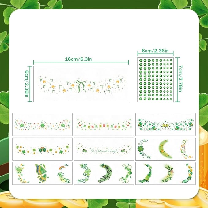 St Patricks Day Temporary Tattoos Green Leaf Blush Face Tattoos Lucky Clover Shamrock Fake Tattoos Cute Bow Star Freckles Face Tattoo Waterproof Makeup Stickers with Green Gems for Girls 12 Sheets