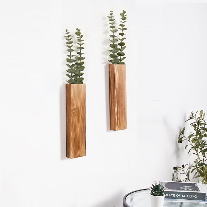 2 Pack Wood Wall Planters with 4 Faux Eucalyptus Stems for Wall Decor