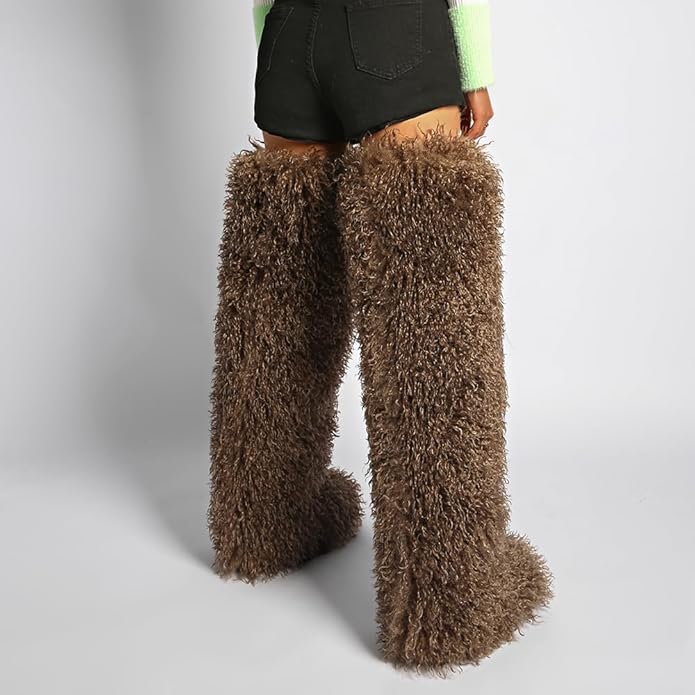 SWEETHEART BEAUTY Thigh High Shagy Teddy Fur Boots, 29 Inch Over the Knee Length Fluffy High Boots, Tall Furry Shoes For Women