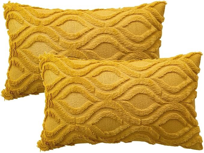 MIULEE Fall Mustard Yellow Plush Faux Wool Lumbar Throw Pillow Covers 12x20 | Set of 2, Farmhouse Boho Home Decor, Decorative Cushion Covers for Sofa, Living Room, Bed