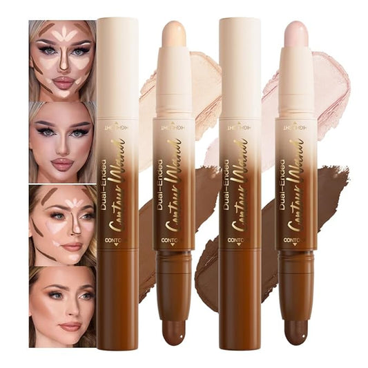 2Pcs Contour Stick Dual Ended Face Body Makeup Waterproof no Transfer, 2 in 1 Cream Concealer Stick Contouring Makeup Kit, Nose Contour Bronzer Sticks Face Highlighter Make up 21#+23#