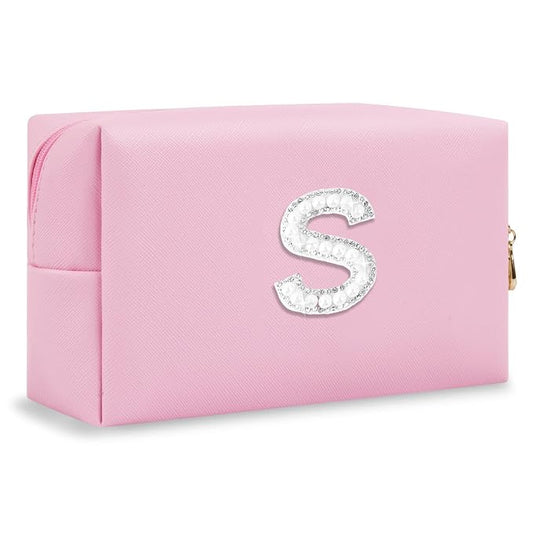 ChaoGreat Bride Gifts – Personalized Initial Makeup Bag with Pearl Rhinestone Patch, Preppy Pink Monogram Cosmetic/Toiletry Pouch, bridesmaid Gifts, Bridal Shower Gifts, Wedding Gifts, Bridal Gifts,S