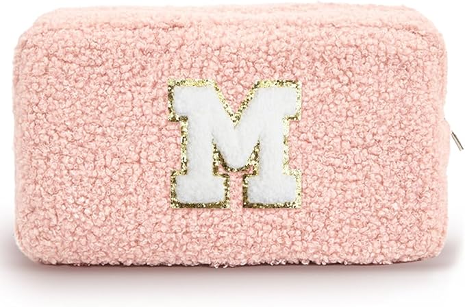 Cute Makeup Bag, Initial Cosmetic Bag, Fuzzy Makeup Bags for Women, Preppy Pink Makeup Pouch with Chenille Letter, Personalized Gifts for Women, Pink M