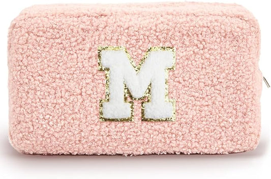 Cute Makeup Bag, Initial Cosmetic Bag, Fuzzy Makeup Bags for Women, Preppy Pink Makeup Pouch with Chenille Letter, Personalized Gifts for Women, Pink M