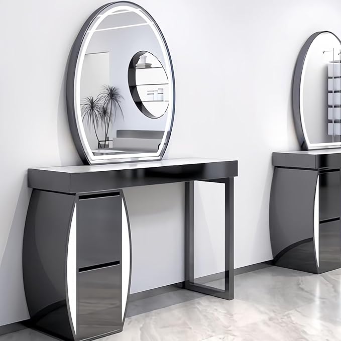 Salon Station for Hair Stylist with Curved Cabinet & Glowing Accents, Barber Station includes Oval LED Mirror, Large Capacity Storage