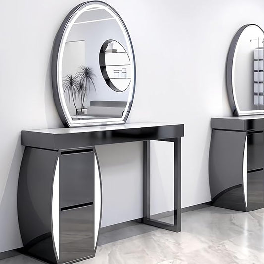 Salon Station for Hair Stylist with Curved Cabinet & Glowing Accents, Barber Station includes Oval LED Mirror, Large Capacity Storage