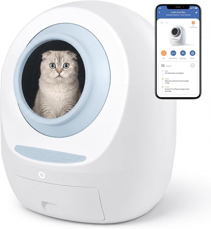 Casa Leo Automatic Self-Cleaning Cat Litter Box | with Leo’s Loo Too Wi-Fi App & Voice Control, App Weight Tracking, UV Odor Control, Safety Sensors, 30dB Quiet