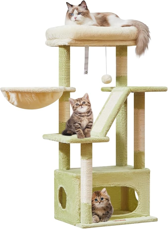 Taoqimiao Cat Tree, 38.5In Cat Tower for Indoor Cats, Suitable for Kittens | Thick Padded Top Perch, Luxurious Cat Condo, Adjustable Basket, 1-Piece Ramp Scratcher, 3 Sisal Posts, Green & Beige MS029SGB