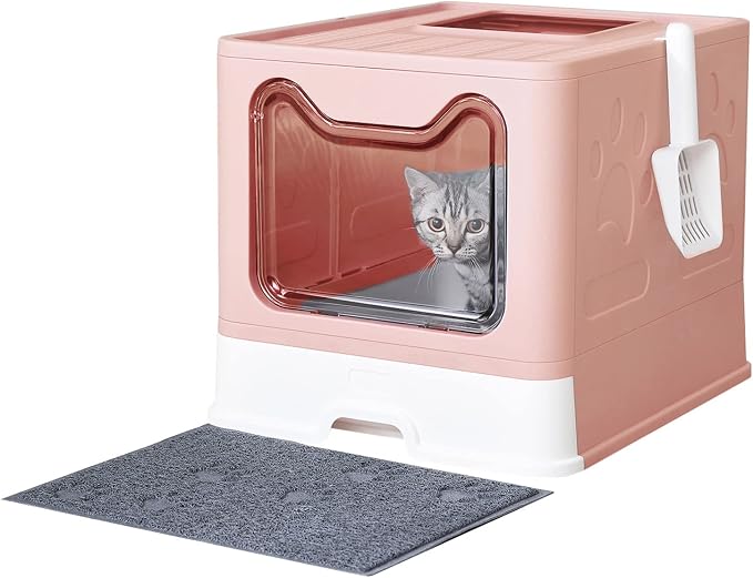 Medario Cat Litter Box with Litter Mat and Scoop(Pink) | Large Covered Litter Box with Lid, Enclosed Kitty Box, Front Entry Top Exit, Odor Control, Easy to Clean