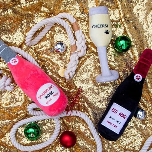 Glow Pups Plush Dog Toy with Squeaker, Durable & Adorable Red Wine Bottle Dog Toy, Engaging & Interactive, Machine Washable, Comforting Toy Dogs - Red