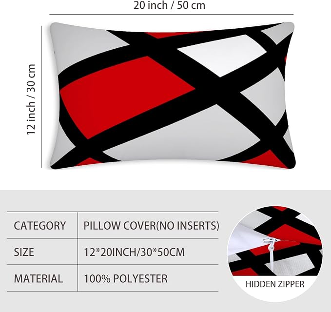Modern Art Geometric Pillow Cover, Decorative Throw Pillow Covers Red Black Abstract Artwork Cushion Cover for Bedroom Sofa Living Room 12 x 20 Inch Set of 2