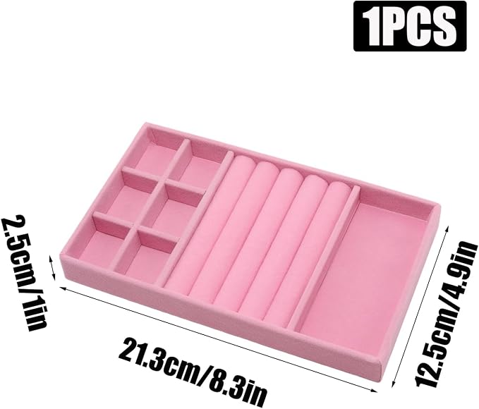 Velvet Jewelry Organizer Tray, Pink 3-in-1 | Stackable Jewelry Storage Display Tray with Removable Dividers for Drawer Dresser Cloest Organizer