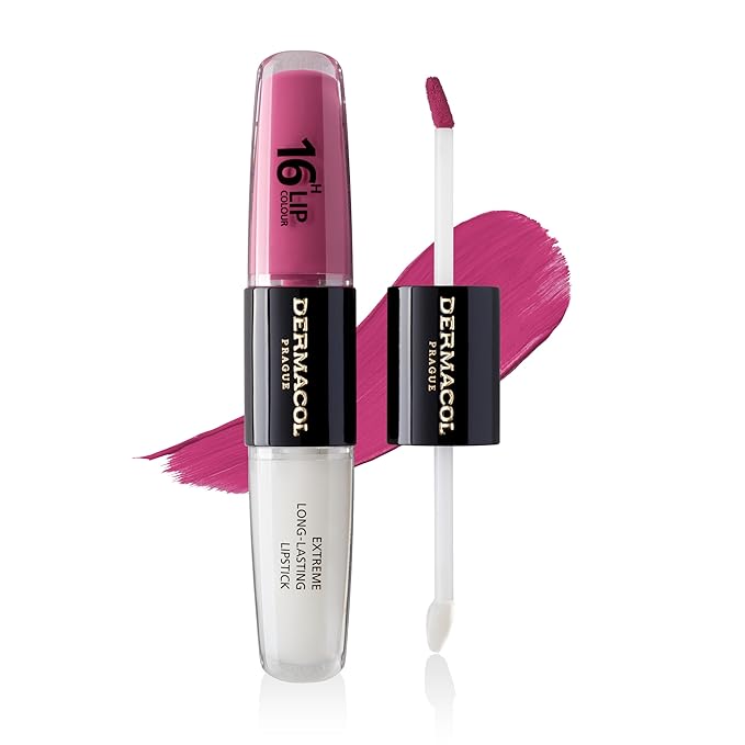 Dermacol NEW 16-Hour Lip Colour, Highly Pigmented Glossy Lip Stain, Two-Phase Lip Plumper Gloss, Kissproof Lip Makeup Products with Matte and Glitter Finish, n.8