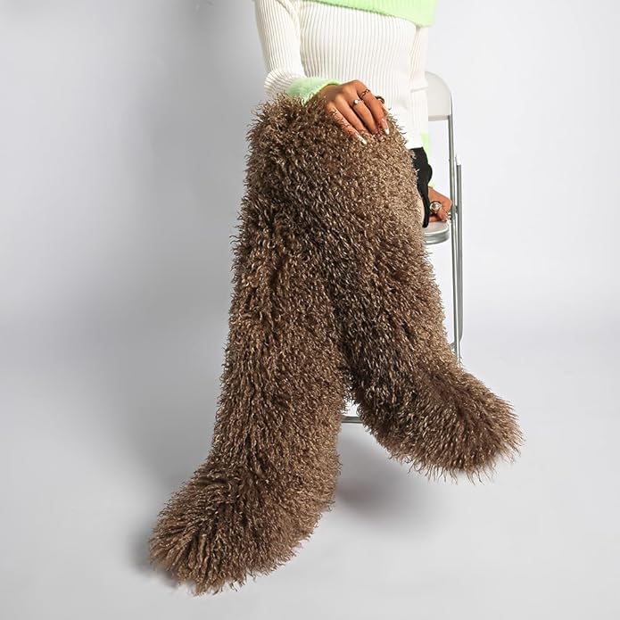 SWEETHEART BEAUTY Thigh High Shagy Teddy Fur Boots, 29 Inch Over the Knee Length Fluffy High Boots, Tall Furry Shoes For Women