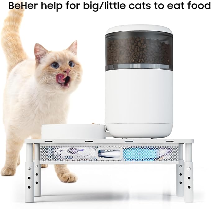 W‌SOWX Adjustable Automatic Cat Feeder Stand, Elevated Cat Food Stand,White | With Drawer and Cat Food Mat,Raises Feeder/Bowls by 4.1"/4.9"/5.7",Relieves Spine and Joints Noticeably on Pets-Sturdy Metal