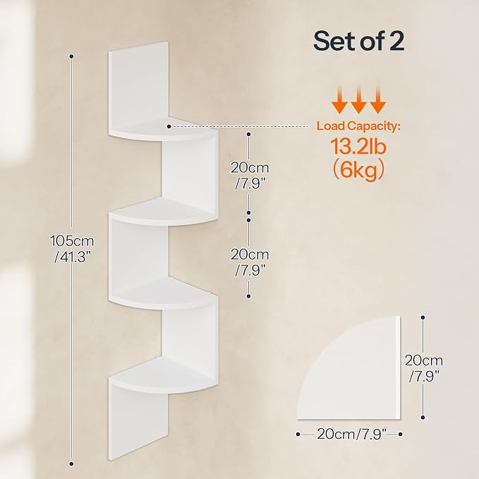 HOOBRO Corner Shelf Wall-Mounted, Set of 2 Floating Corner Shelves for Wall, 4-Tier Corner Bookshelves for Living Room, Bedroom, Bathroom, Home Office, White WT25BJP201