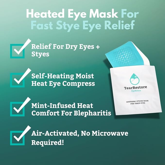 TearRestore EyeRelax for Stye Eye Relief & Dry Eyes. Heated Eye Mask with Moist Heat and Mint-Infused Steam. Self-Heating Warm Compress for Dry Eye, Blepharitis Relief & Overnight Comfort (10 Count)