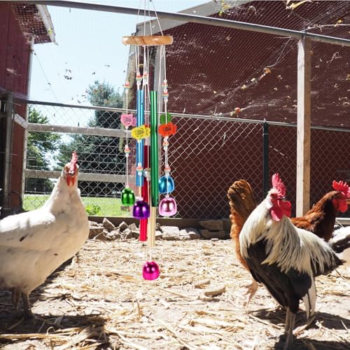 Chicken Toys for Coop, Enrichment Toys Wind Chimes Home Garden Colorful Art Hanging Chick Peck Toy Decoration with Bells Fun & Interactive Hens Brooder Accessories for Bird Parrot Lovebird