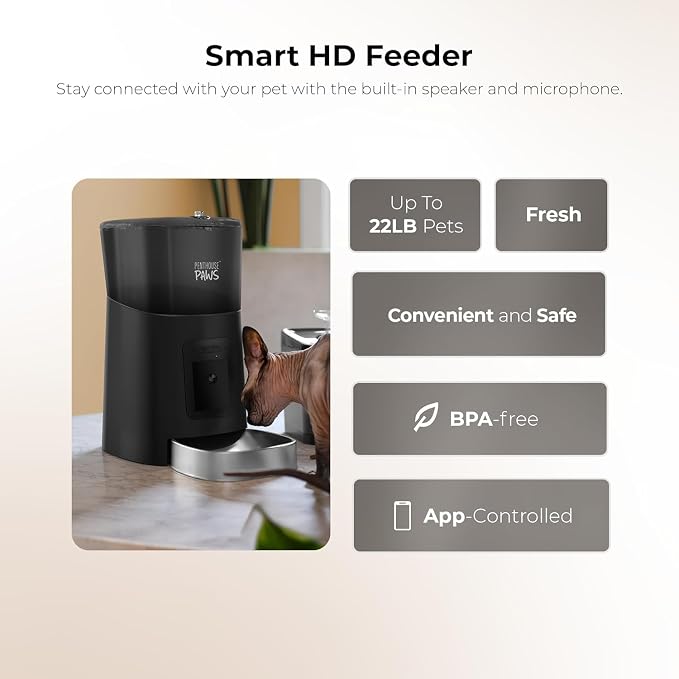 Smart HD Pet Feeder, 6L, Black/Stainless Steel | 1080p Camera, 2-Way Audio, Voice Recording, Night Vision, Scheduled Meals, Backup Power, Easy to Clean, Anti-Jam Design